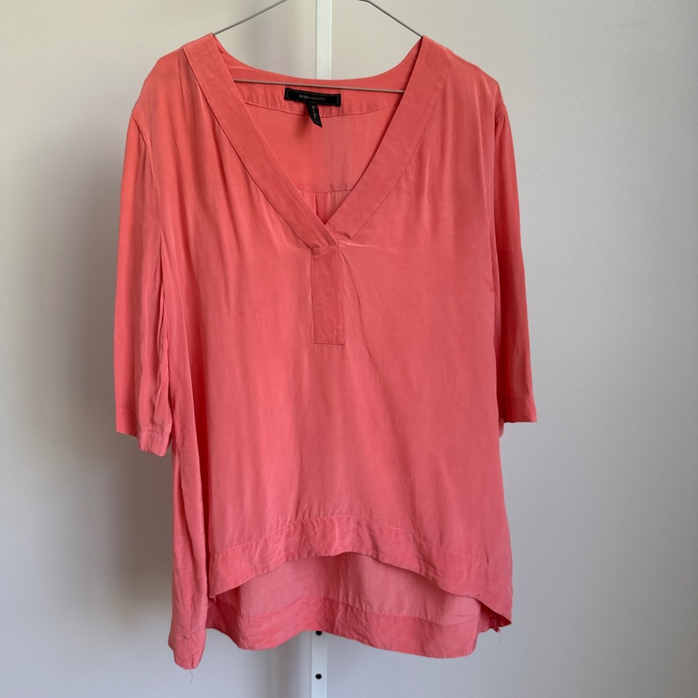 BCBGMAXAZRIA Silk Boho Beachy Relaxed Lagenlook High-Low Blouse L Coral